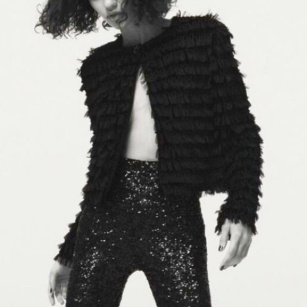 Zara frill ruffle velvet black jacket blazer